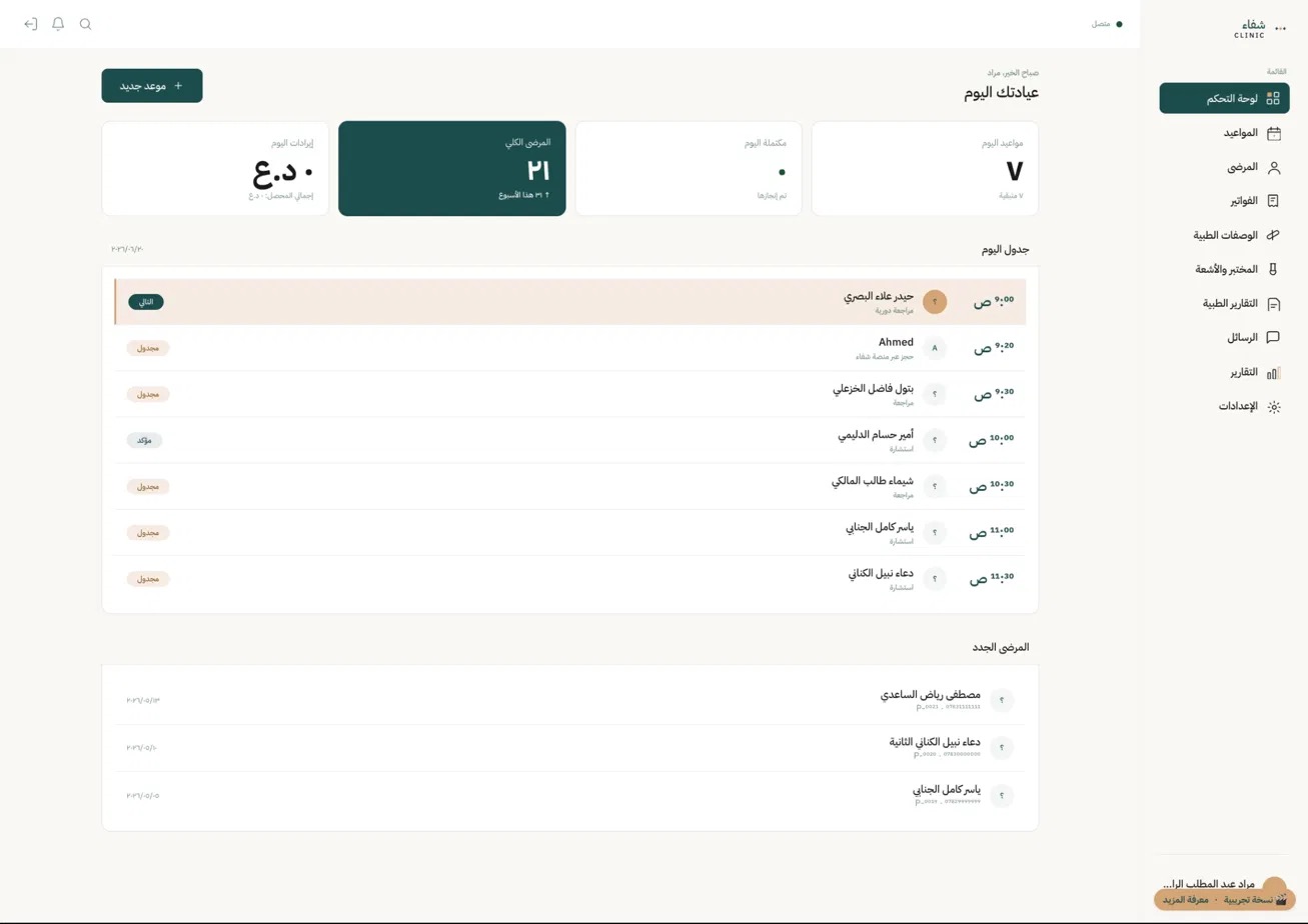 Shifaa clinic dashboard screenshot